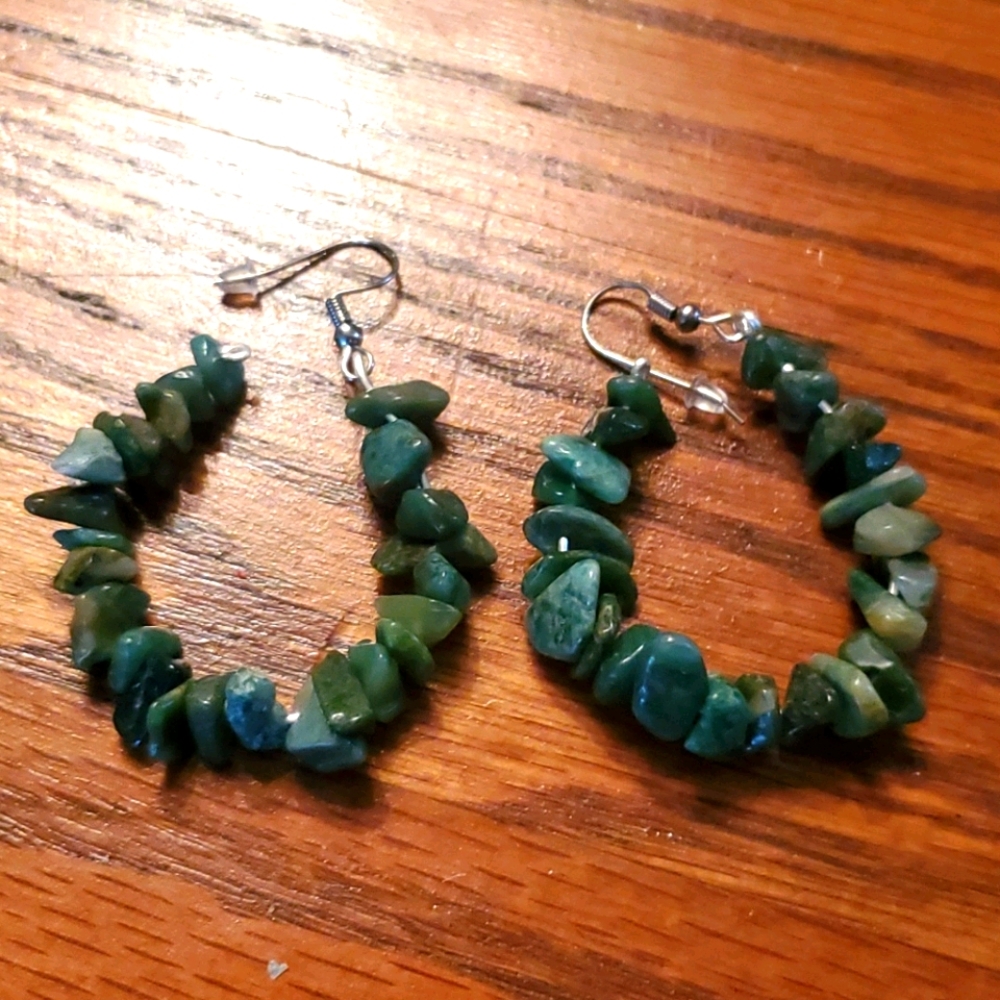 Deep jade green stone hoop earrings